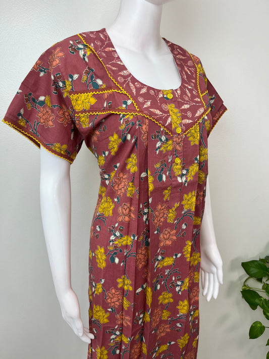 Brown Floral Printed 100% Cotton Nightgown