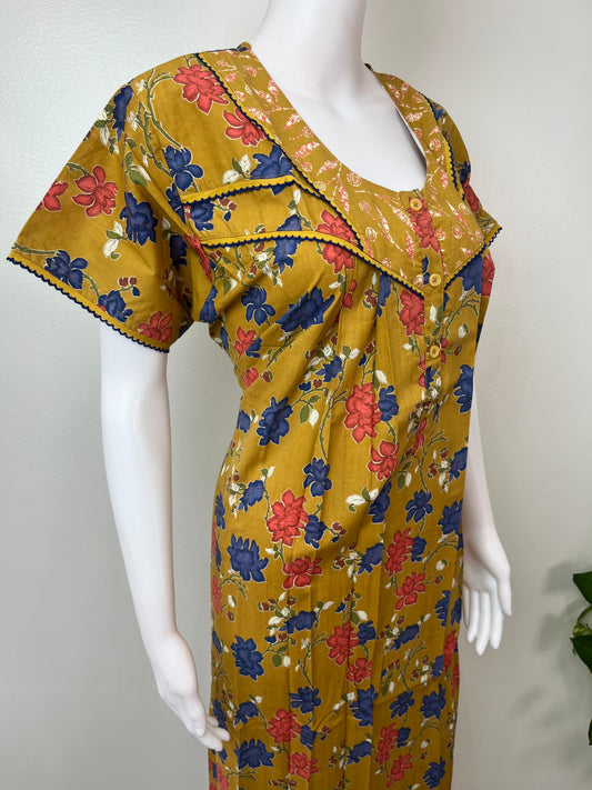 Mustard Pleated Cotton Nighty Elegant & Comfortale
