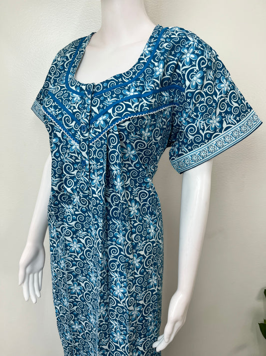 Royal Blue Pleated Style Cotton Nighty