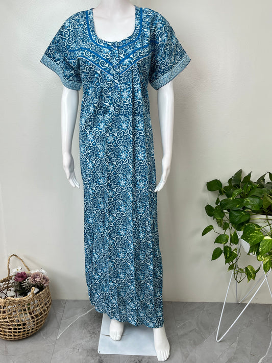 Royal Blue Pleated Style Cotton Nighty