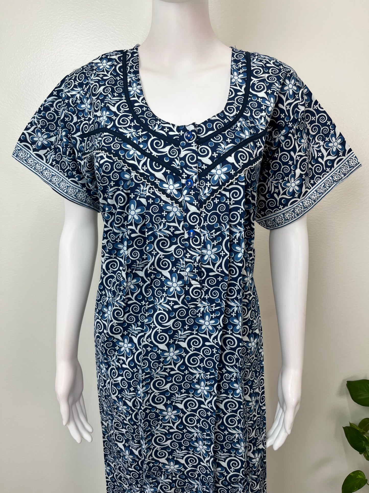 Navy Blue Pleated Style Nightgown for Women