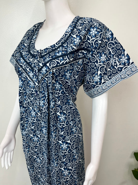 Navy Blue Pleated Style Nightgown for Women