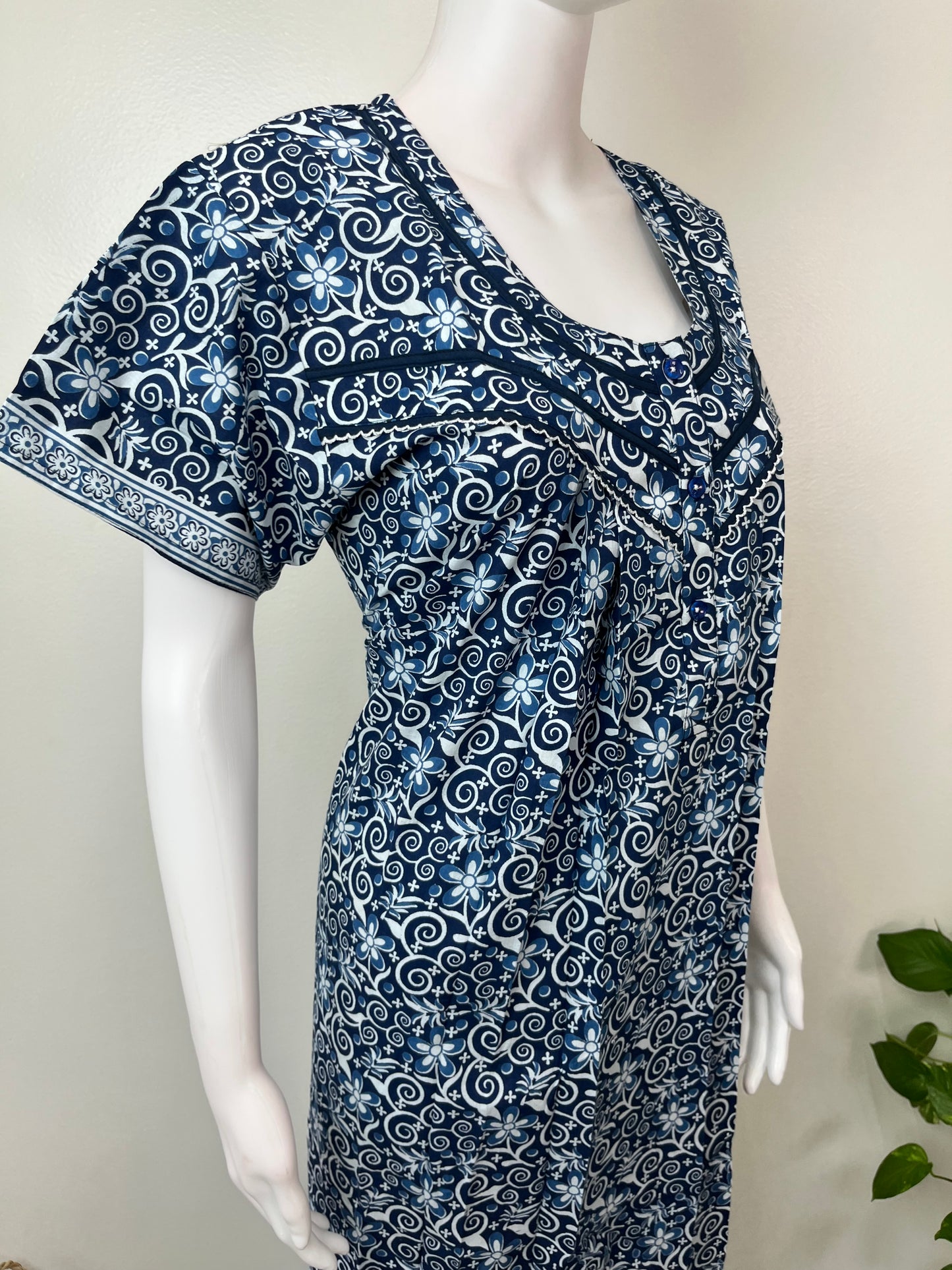 Navy Blue Pleated Style Nightgown for Women