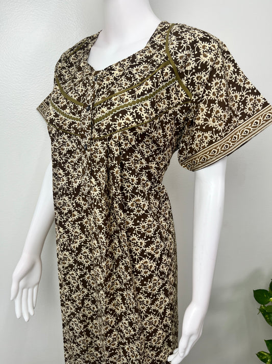 Brown Pleated Cotton Nightgown for Women