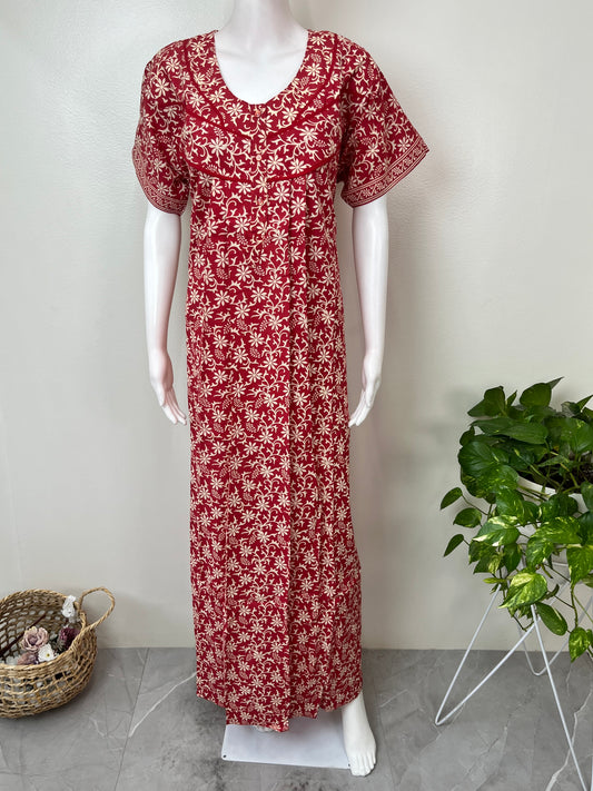 Red Pure Cotton Nightgown Soft & Comfortable