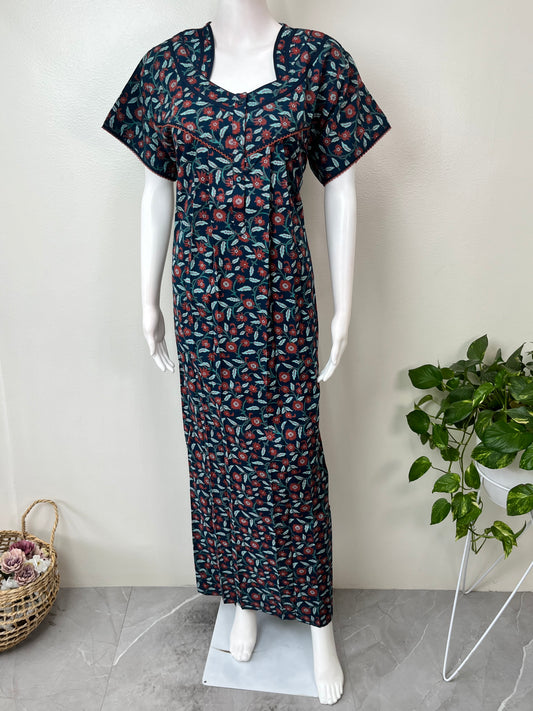 Navy Blue Pleated Style Cotton Nightgown