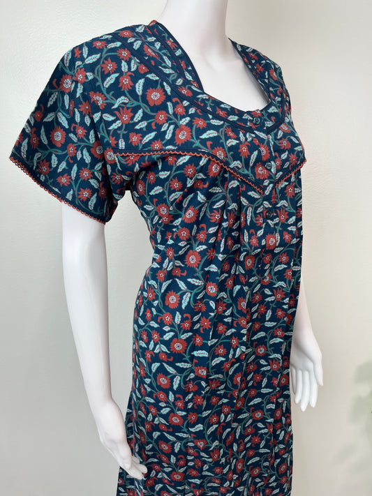 Navy Blue Pleated Style Cotton Nightgown