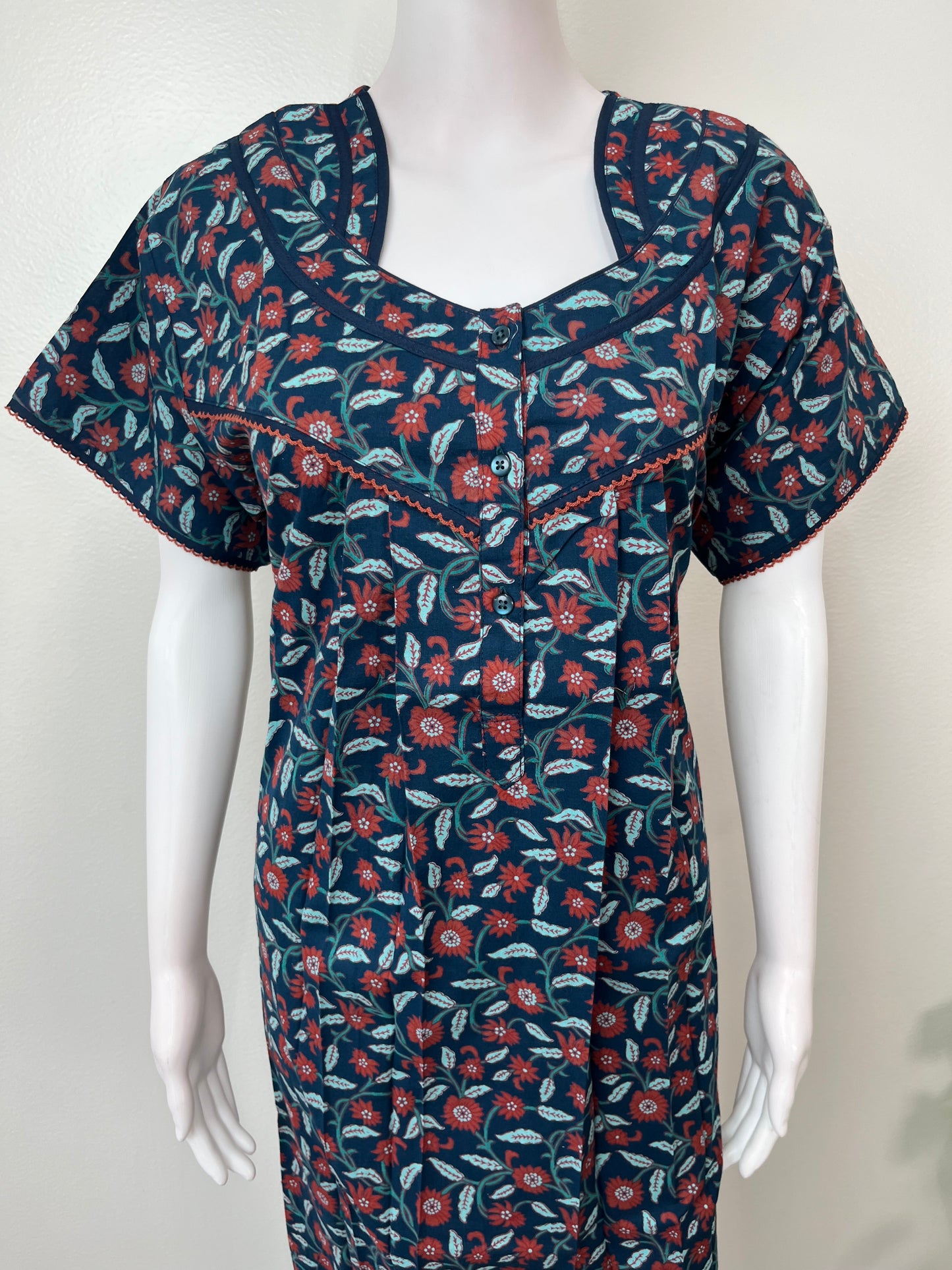 Navy Blue Pleated Style Cotton Nightgown
