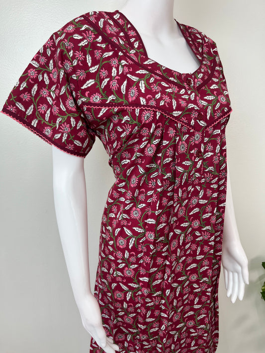 Red Pure Cotton Nightgown Soft & Comfortable