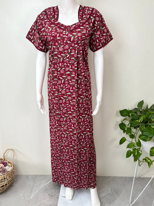 Red Pure Cotton Nightgown Soft & Comfortable