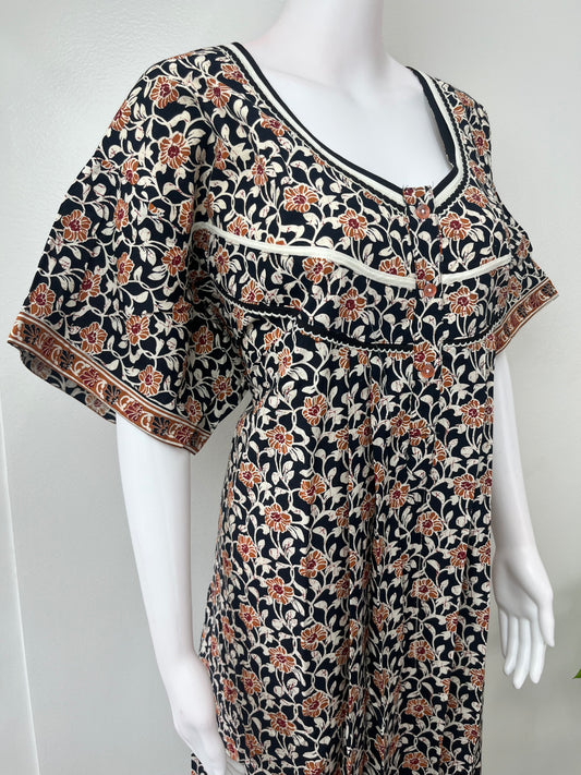 Black Floral Printed Cotton Nightgown for Women