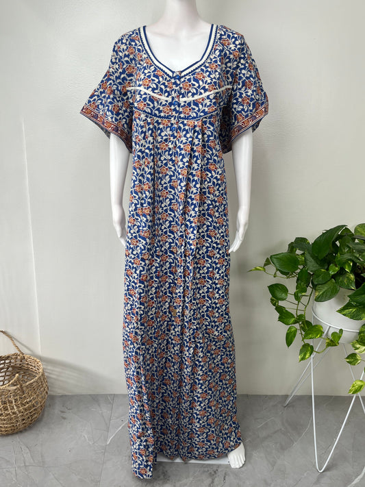 Navy Blue Floral Printed Cotton Nighty