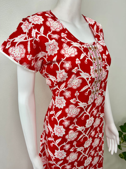 Red Floral Printed Cotton Nightgown for Women