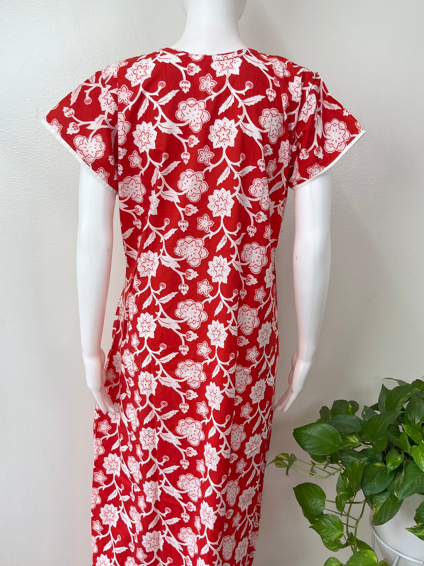 Red Floral Printed Cotton Nightgown for Women