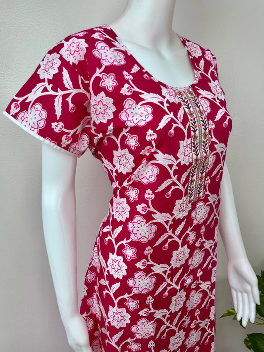 Pink Floral Printed Cotton Nighty for Women