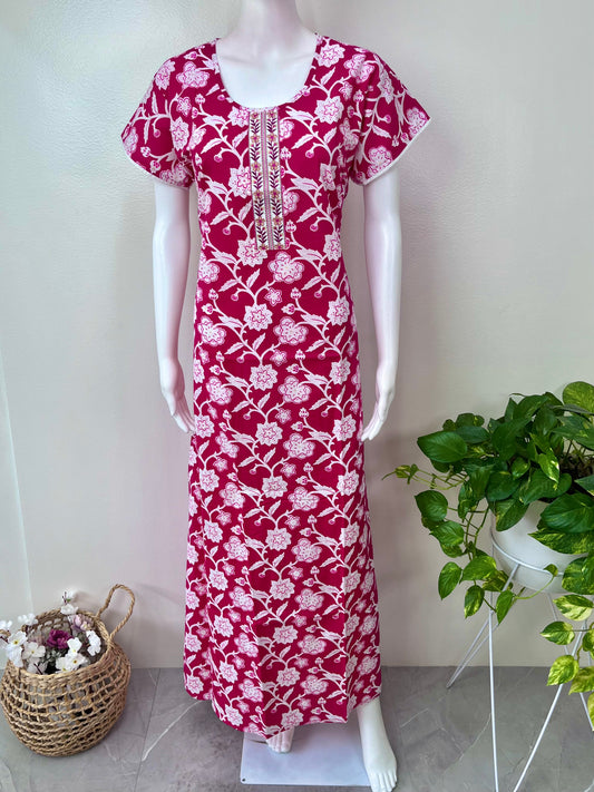 Pink Floral Printed Cotton Nighty for Women