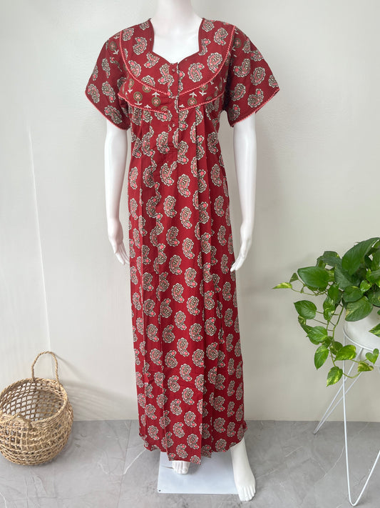 Maroon Pleated 100% Cotton Women's Nightgown