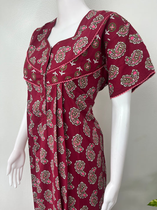 Maroon Pleated 100% Cotton Women's Nightgown