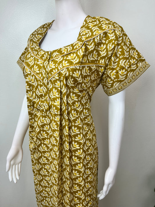 Yellow Pleated Style Pure Cotton Nighty