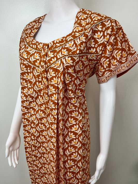 Orange Printed 100% Cotton Nightgown for Women