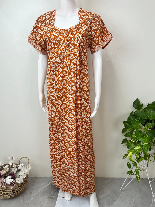 Orange Printed 100% Cotton Nightgown for Women