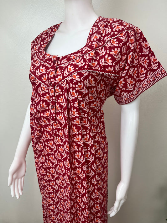 Red Pure Cotton Nightgown Soft & Comfortable