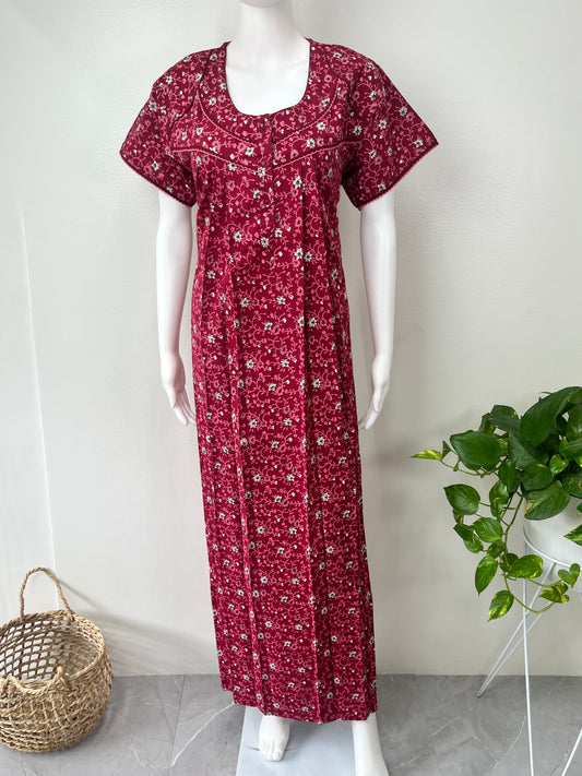 Maroon 100% Cotton Women's Nightgown