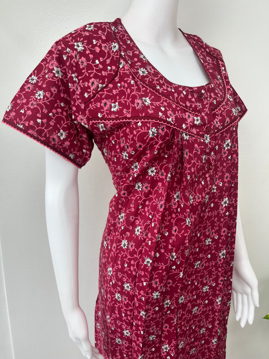 Maroon 100% Cotton Women's Nightgown