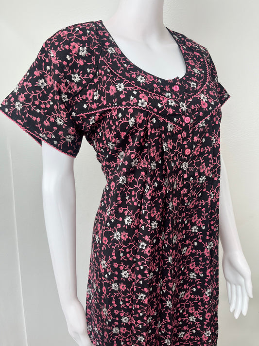 Black Pure Cotton Nightgown with Contrast Print