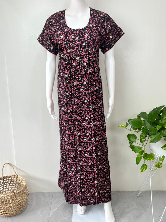 Black Pure Cotton Nightgown with Contrast Print