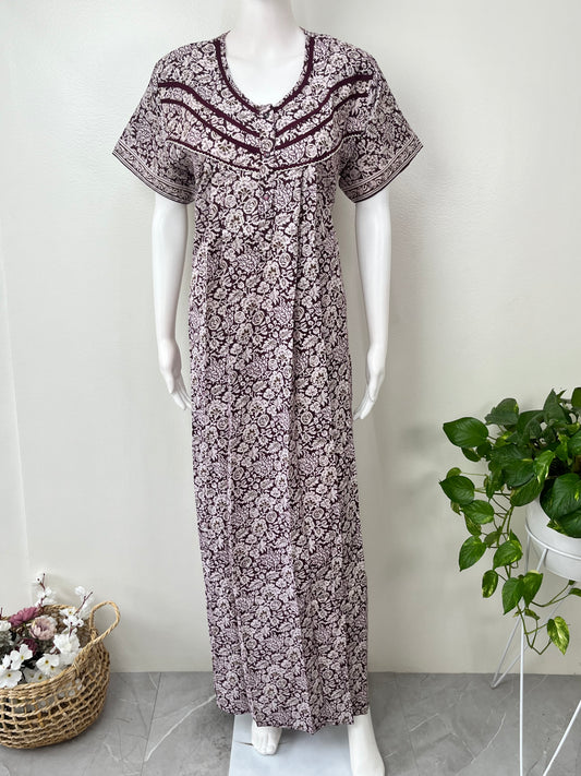 Wine Pleated Style Nightgown for Women