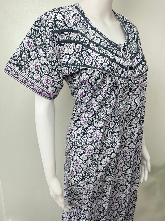 Gray Pure Cotton Nighty with Contrast Print