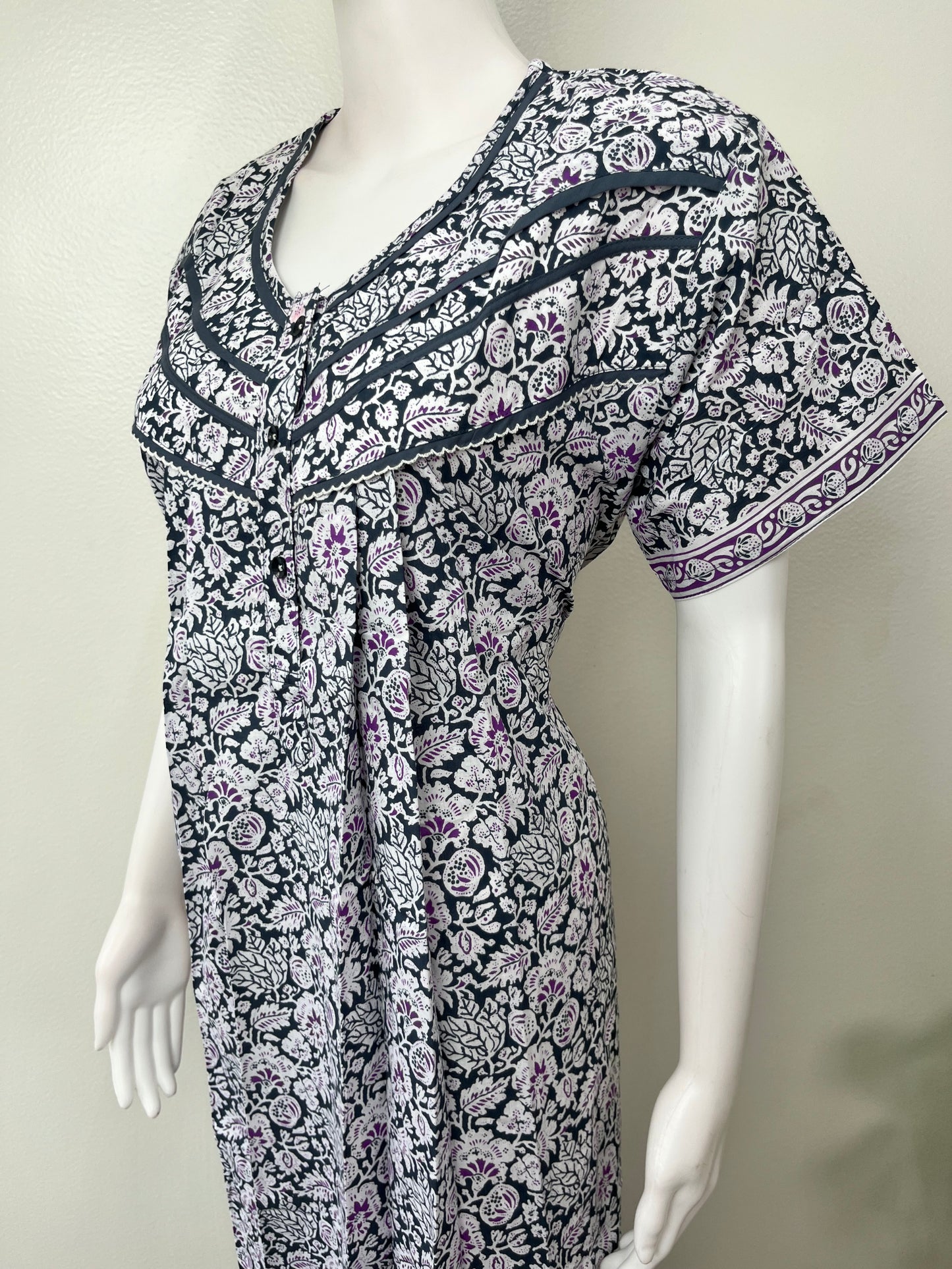 Gray Pure Cotton Nighty with Contrast Print