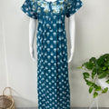 Teal Blue Embroidered Pure Cotton Nightgown