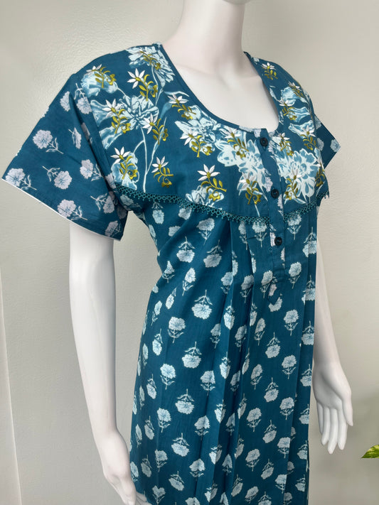 Teal Blue Embroidered Pure Cotton Nightgown