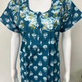 Teal Blue Embroidered Pure Cotton Nightgown