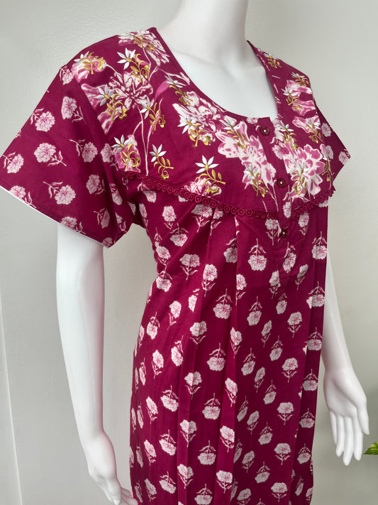 Magenta Pure Cotton Nightgown Soft & Comfortable