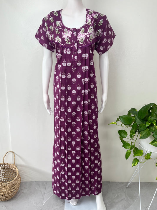 Purple 100% Cotton Embroidered Nighty