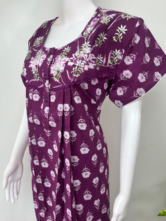 Purple 100% Cotton Embroidered Nighty