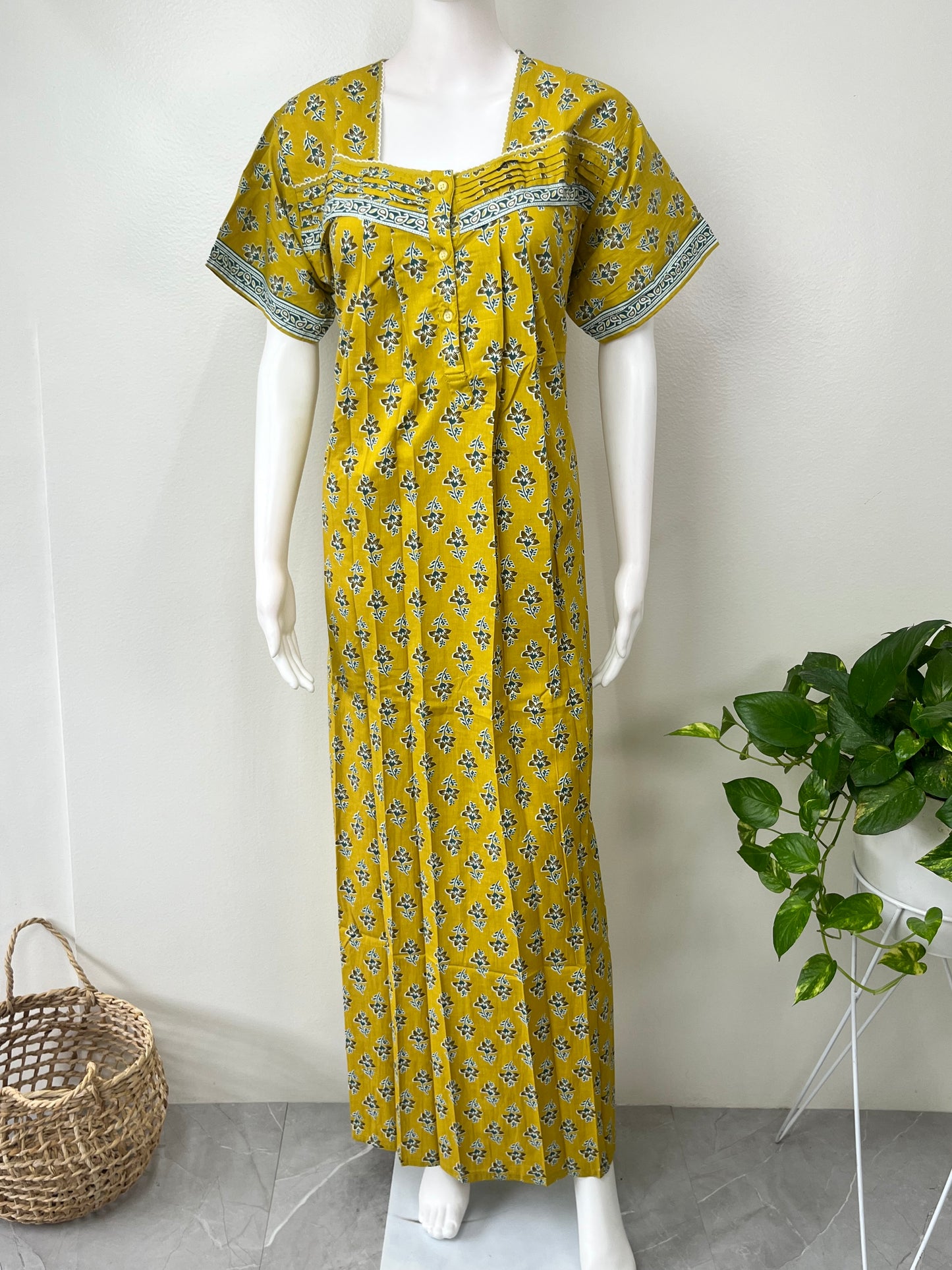 Mustard Floral Pure Cotton Nighty