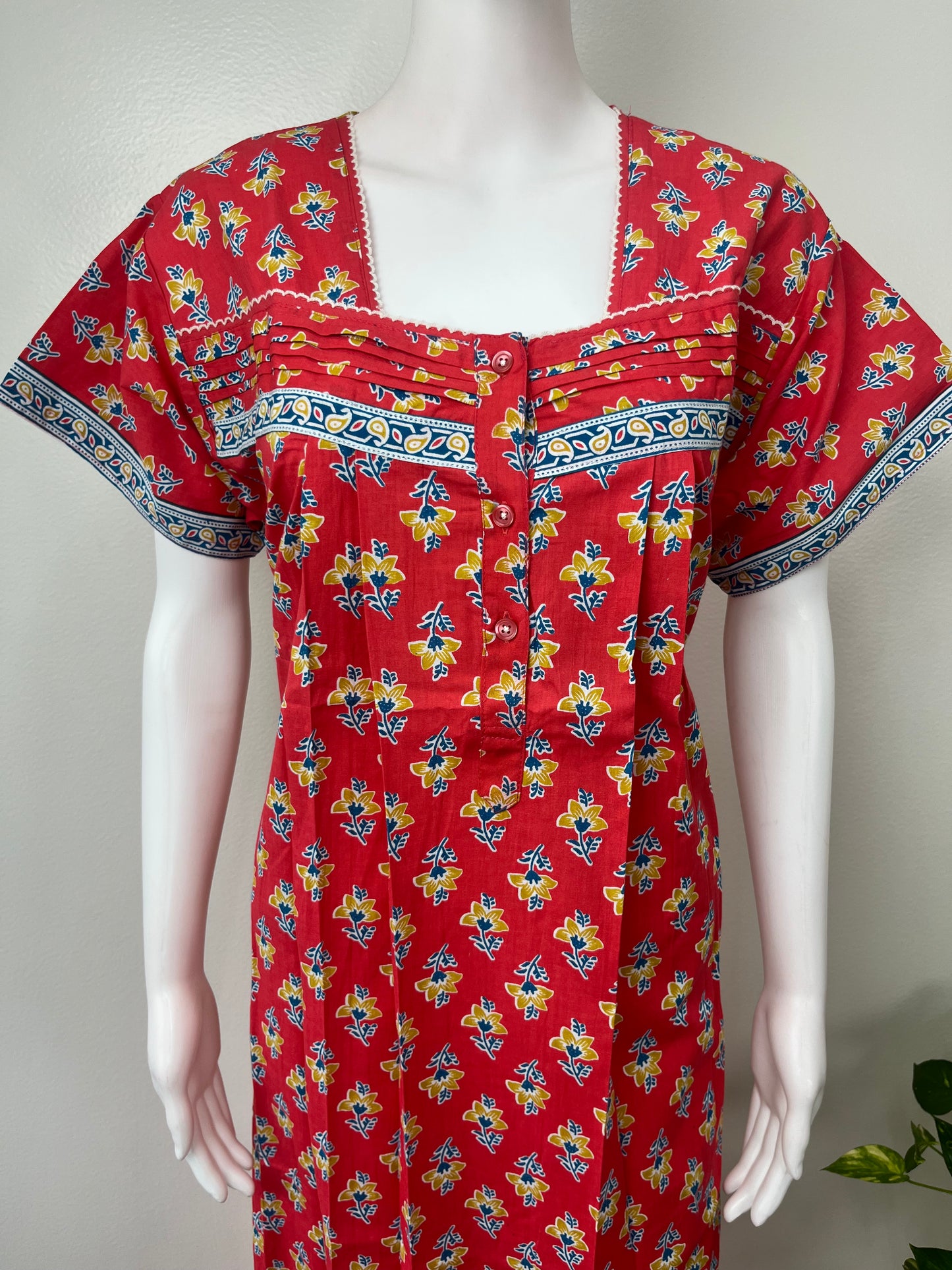 Red 100% Cotton Nightgown with Contrast Print