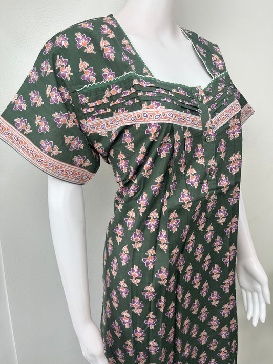 Olive Green Pleated Cotton Nighty Soft & Comfortable