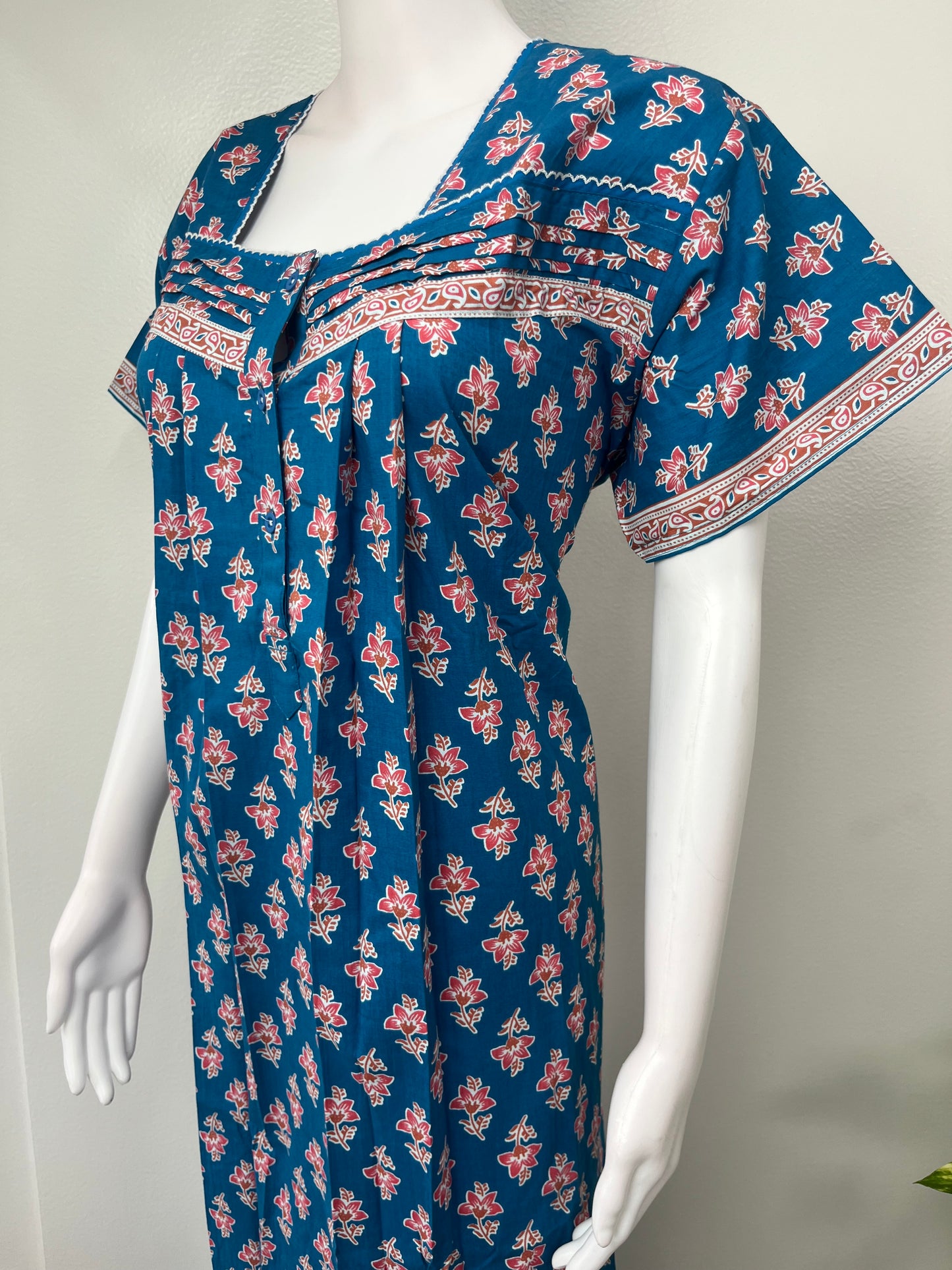 Royal Blue Printed Cotton Nightgown for Women