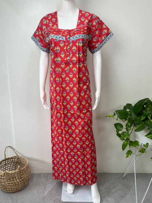 Red 100% Cotton Nightgown with Contrast Print