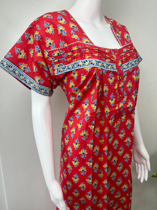 Red 100% Cotton Nightgown with Contrast Print