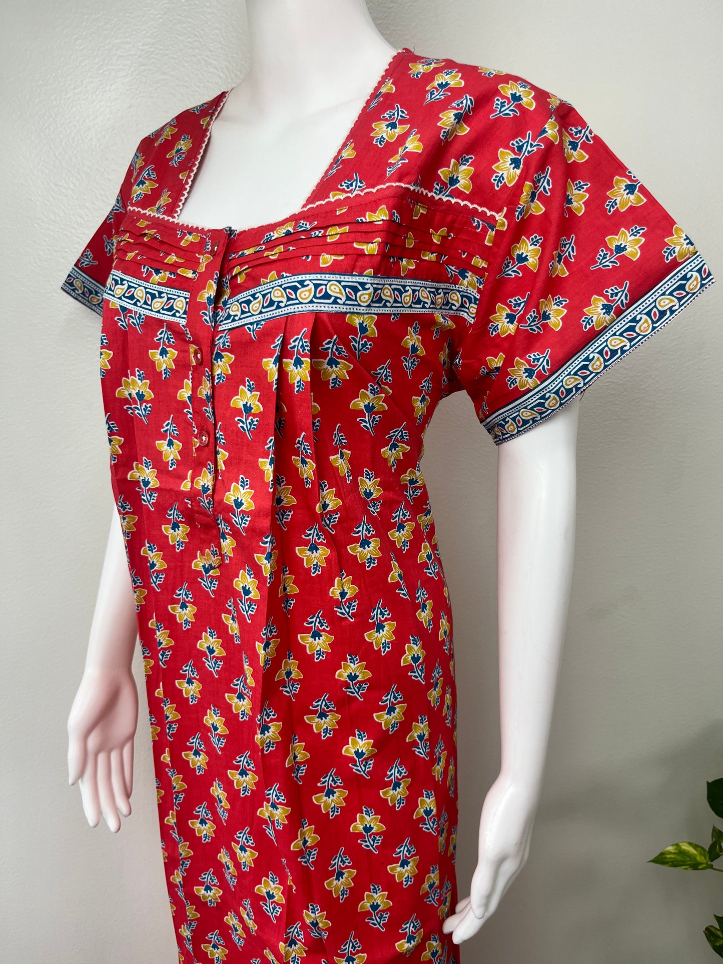 Red 100% Cotton Nightgown with Contrast Print
