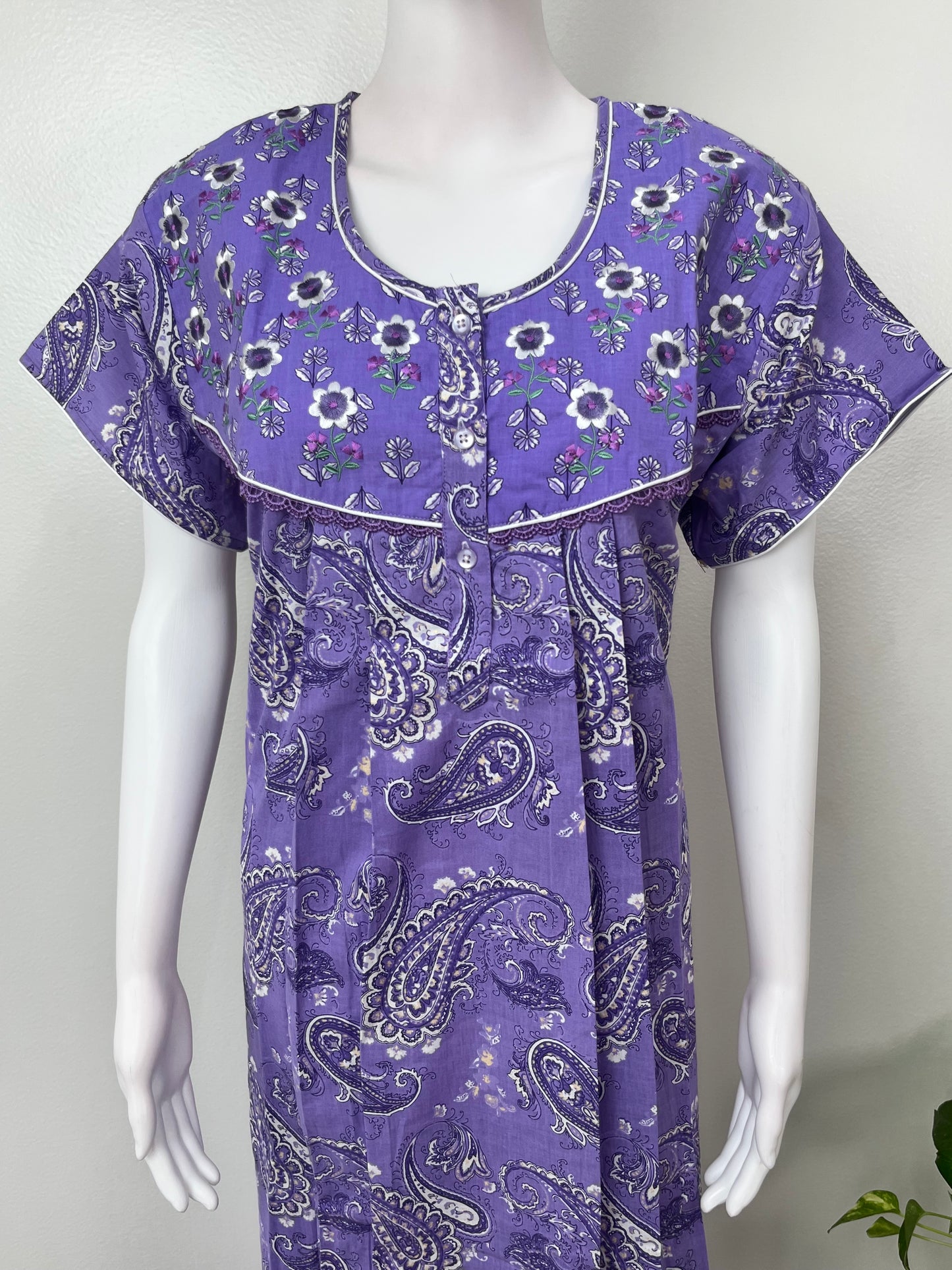 Purple Embroidered Pure Cotton Nightgown