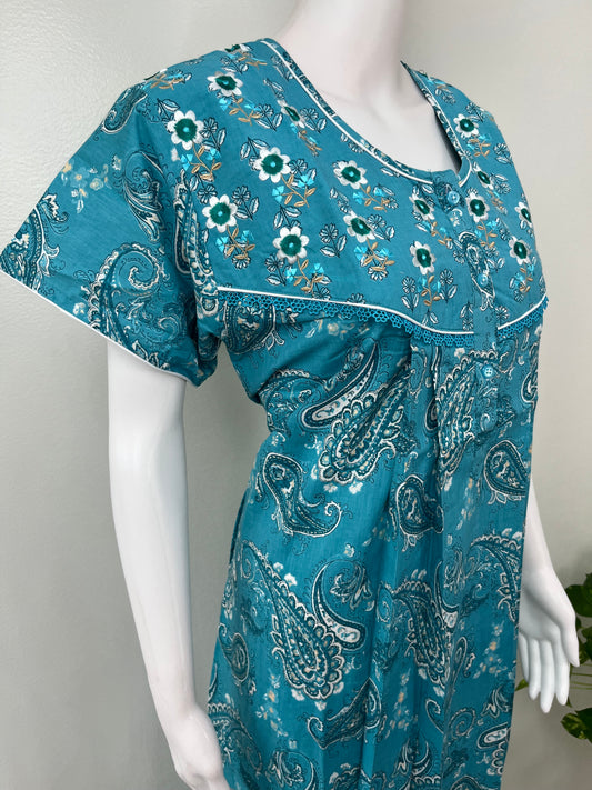 Teal Blue 100% Cotton Women's Nightgown