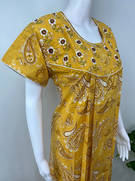 Mustard Embroidered 100% Cotton Nightgown