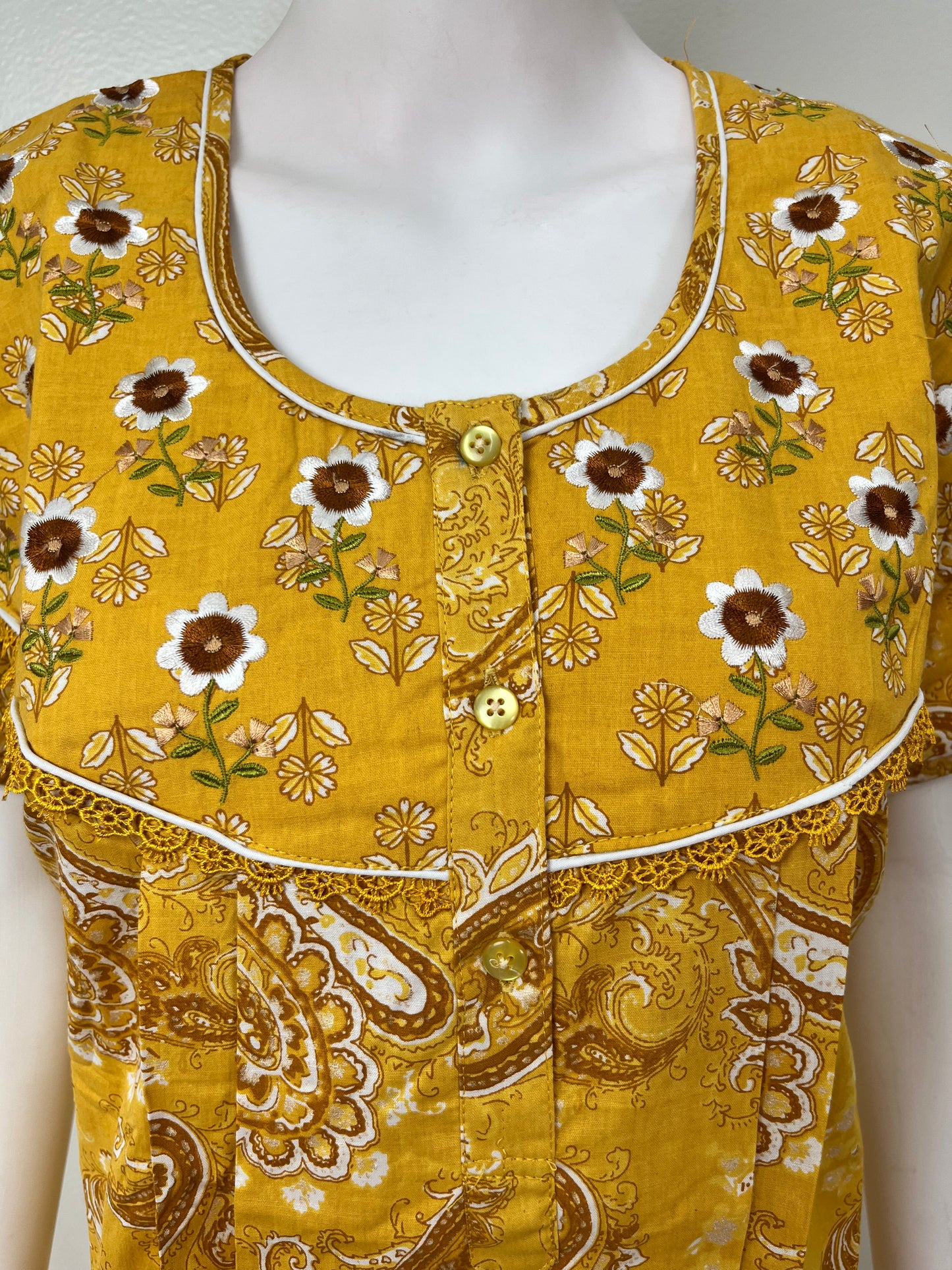 Mustard Embroidered 100% Cotton Nightgown